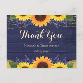 Cartão Postal Casamento Rustic Marinho Wood Sunflower Obrigado