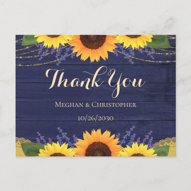 Cartão Postal Casamento Rustic Marinho Wood Sunflower Obrigado (Frente)