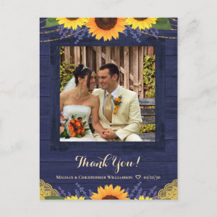 Cartão Postal Casamento Rustic Marinho Wood Sunflower Obrigado F
