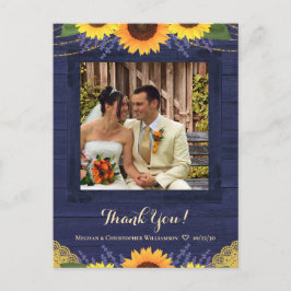 Cartão Postal Casamento Rustic Marinho Wood Sunflower Obrigado F