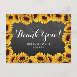 Cartão Postal Casamento Rustic Sunflower Chalkboard Obrigado