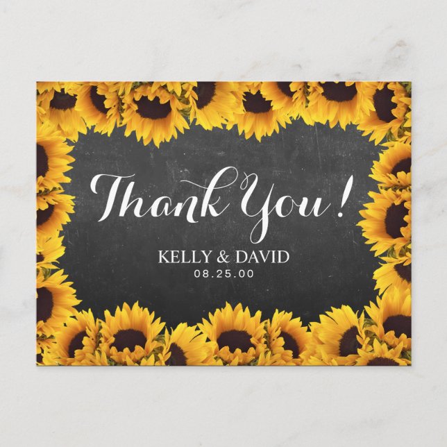 Cartão Postal Casamento Rustic Sunflower Chalkboard Obrigado (Frente)