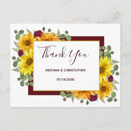 Cartão Postal Casamento Rustic Sunflower Chic Obrigado
