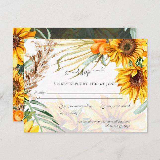 Cartão Postal Casamento Rustic Sunflower Pampas Grass (Frente/Verso)