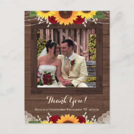 Cartão Postal Casamento Rustic Sunflower Rosa vermelha Obrigado 