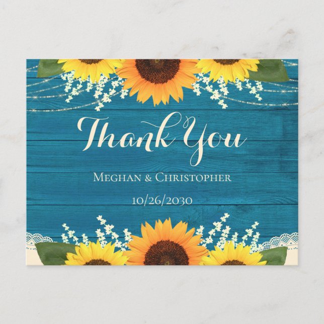 Cartão Postal Casamento Rustic Teal Wood Sunflower Obrigado (Frente)