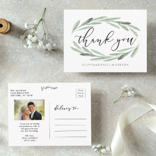 Cartão Postal Casamento Rustic Watercolor Wreath Obrigado Foto