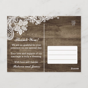 Cartão Postal Casamento Rustic Wood & Vintage Lace Obrigado