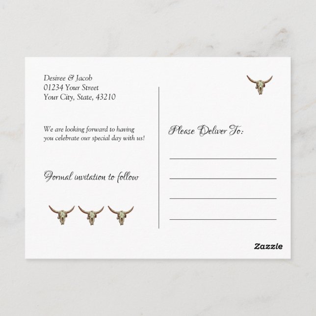 Cartão Postal Casamento Rústico Crânio de Touro Western Save The (Verso)