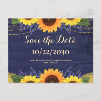 Cartão Postal Casamento Rústico de Madeira Marinho Girassol Salv