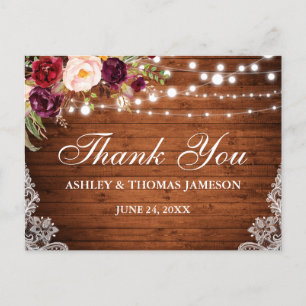 Cartão Postal Casamento Rústico Luzes Florais de Madeira Lace Ob
