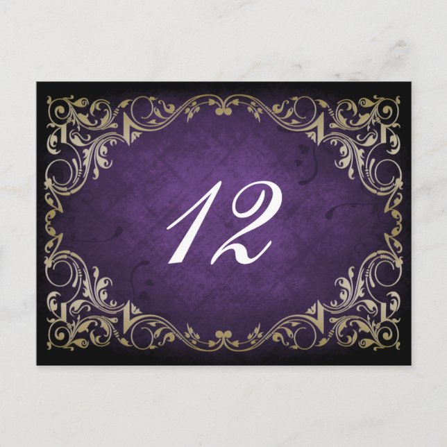 Cartão Postal Casamento Rústico Regal Ornamental Roxo e Dourado (Frente)
