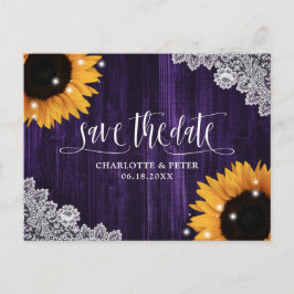 Cartão Postal Casamento Rústico Roxo De Lace De Girassol Salva A