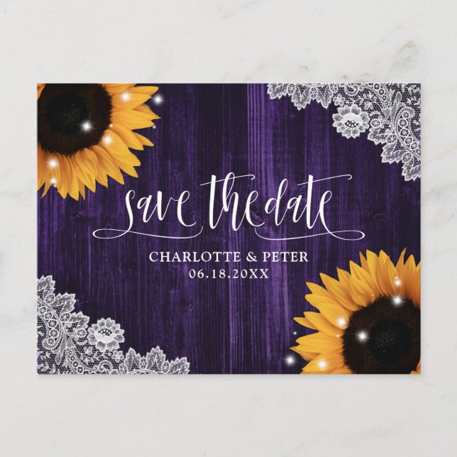 Cartão Postal Casamento Rústico Roxo De Lace De Girassol Salva A (Frente)