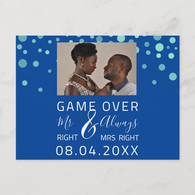 Cartão Postal Casamento Salve A Data Foto Engraçado Fim de Jogo (Frente)