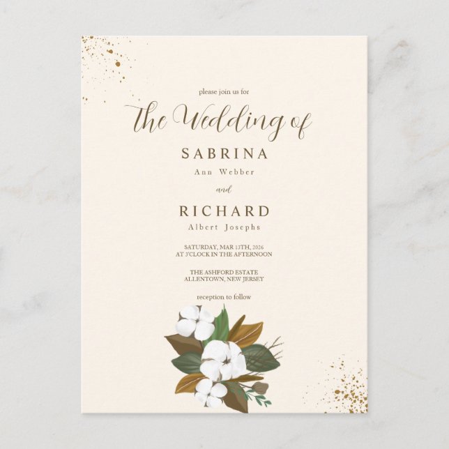 Cartão Postal Casamento Simples De Castanho E Creme Floral (Frente)