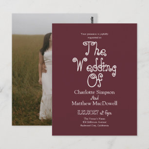 Cartão Postal Casamento Simples Elegante 2 Fotos Burgundy