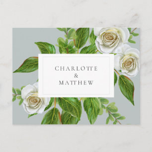 Cartão Postal Casamento Site de Rosa Branca Elegante Folhagem Ve