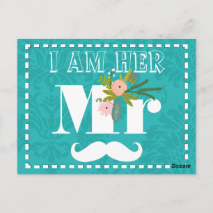 Cartão Postal Casamento tema damasco de Chartreuse Turquoise Mod