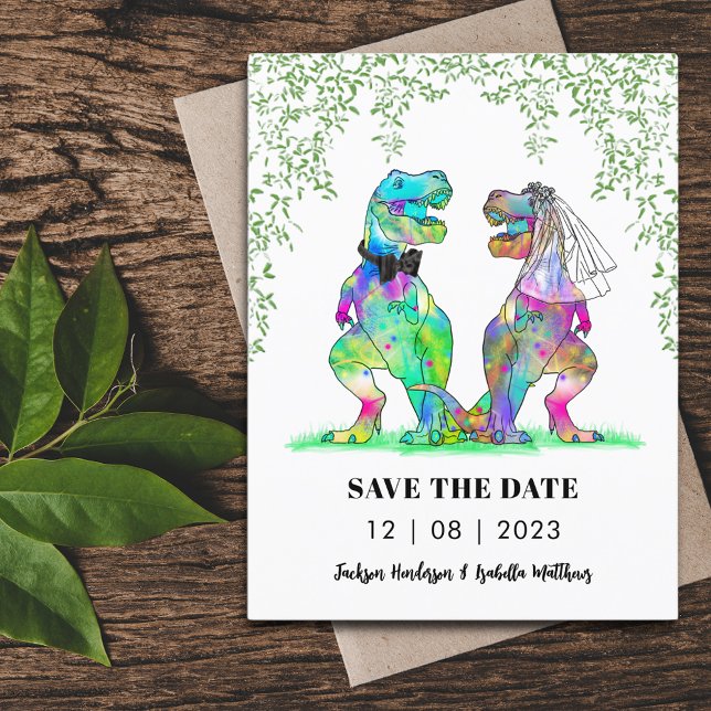 Cartão Postal Casamento Temático de Dinossauro Economize a Data  (Dinosaur themed wedding save the date budget postcard invitation with colorful T-Rex bride and groom)