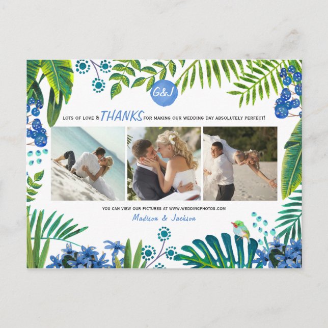 Cartão Postal Casamento Tropical Leaves Obrigado | 3 Fotos Cartã (Frente)