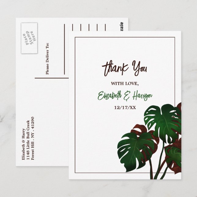 Cartão Postal Casamento Tropical Monstera Beach Obrigado (Frente/Verso)