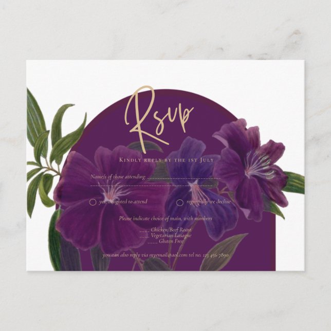 Cartão Postal Casamento Verde da Floresta Floral de Plum Purple (Frente)