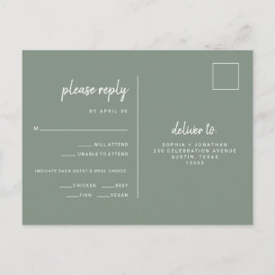 Cartão Postal Casamento Verde de Sage Minimalista   RSVP de opçõ