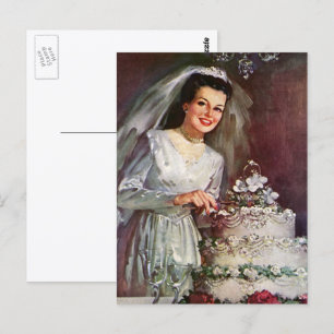 Cartão Postal casamento vintage, Noiva Cortando o Bolo de Casame