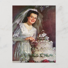 Cartão Postal Casamento vintage, Noiva Cortando o Bolo de Casame