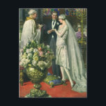 Cartão Postal Casamento vintage, noiva e noiva com Menorah<br><div class="desc">Ilustração Vintage,  amor e cerimônia de casamento romântica,  com uma imagem de um casal se casando em uma bela sinagoga com vitrines coloridas,  flores e uma menorah de sete galhos. A noiva está vestindo um longo vestido branco e o noivo é bonito em seu smoking.</div>