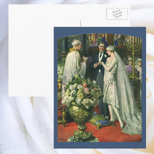 Cartão Postal casamento vintage, noiva e noiva com Menorah