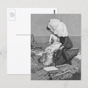Cartão Postal casamento vintage, recém-casados pela praia