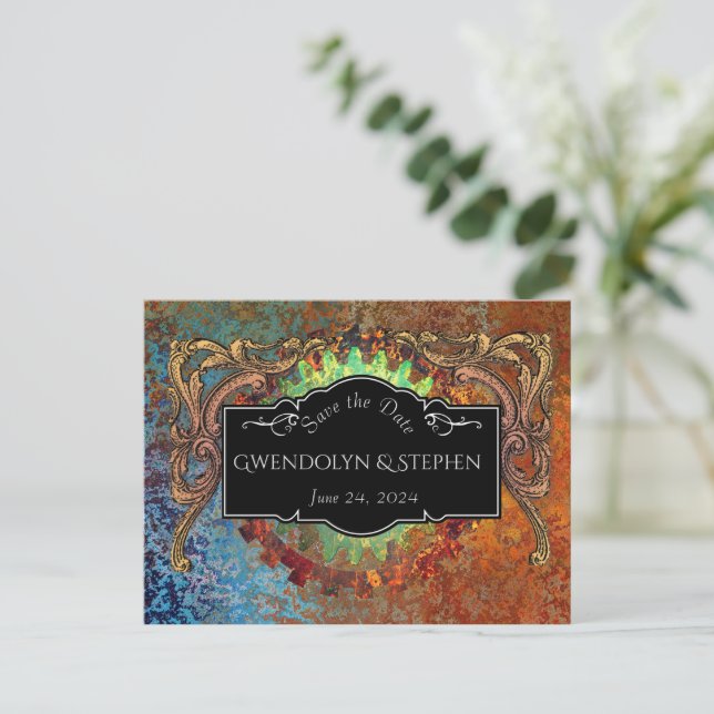 Cartão Postal Casamento Vintage Steampunk "Salvar a Data" (Em pé/Frente)