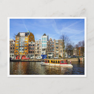 Cartão Postal Casas Coloridas do Canal de Amsterdã & Barco