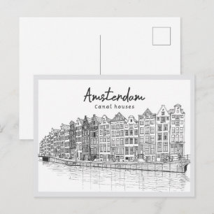 Cartão Postal Casas de Canal desenhadas à mão Amsterdam Holanda