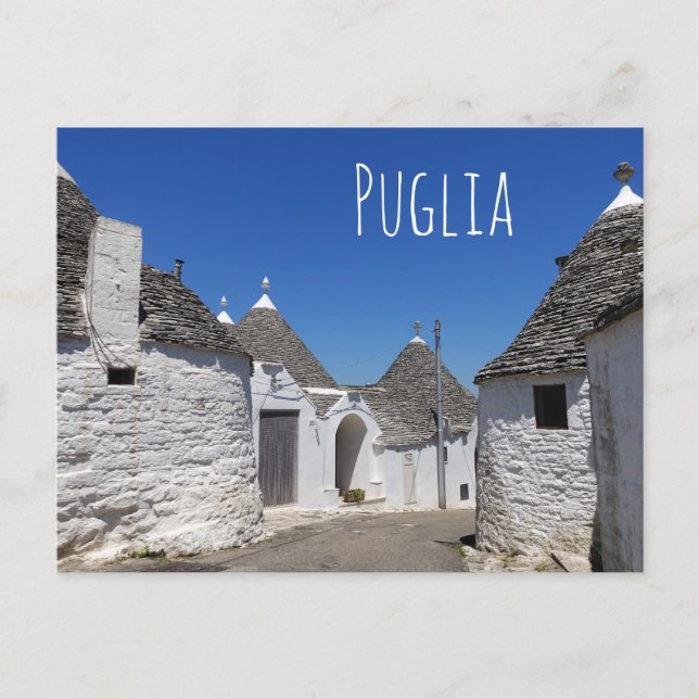 Cartão Postal Casas de Trulli em Alberobello, Puglia, texto post (Frente)