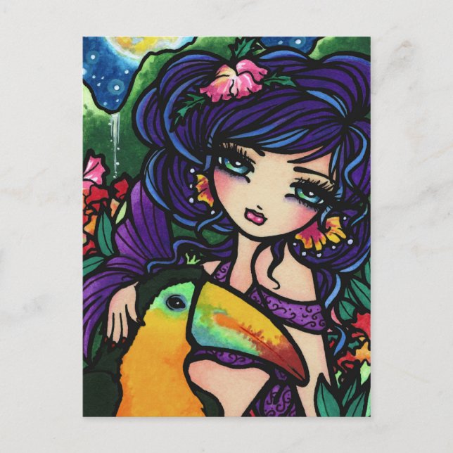 Cartão Postal Cascata de aves tropicais Sereia Fantasy Art Girl (Frente)