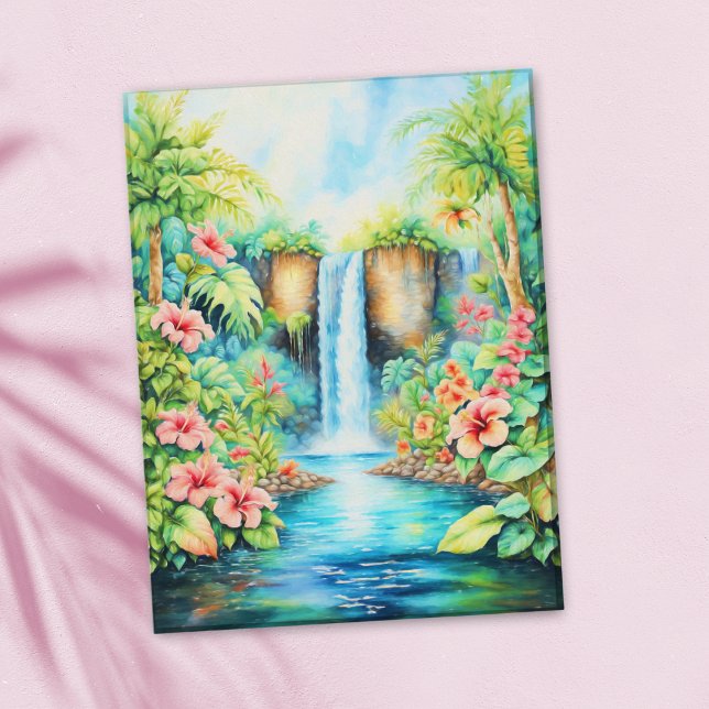 Cartão Postal Cascata De Hibiscus Na Pintura De Óleo De Jardim T (Send peace and serenity with this tranquil tropical hibiscus waterfall postcard.)