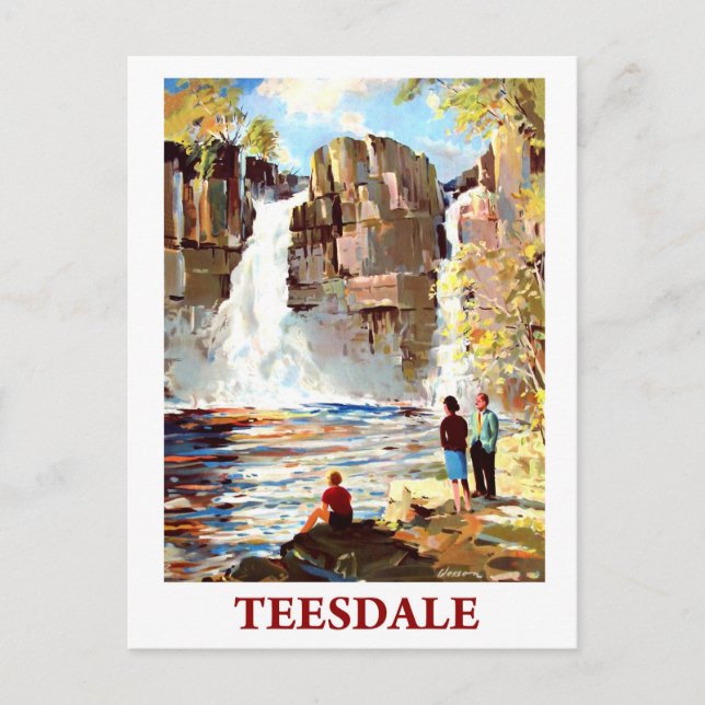 Cartão Postal Cascata em Teesdale, Inglaterra, viagens vintage (Frente)
