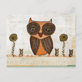Cartão Postal Castanho Coruja Lace e Flores Mistura Arte Mídia