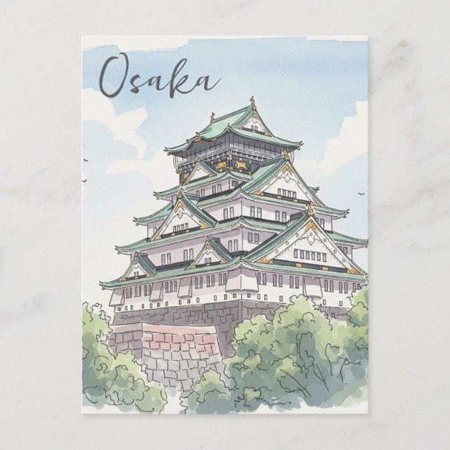 Cartão Postal Castelo de Osaka Japão Aquarela (Frente)