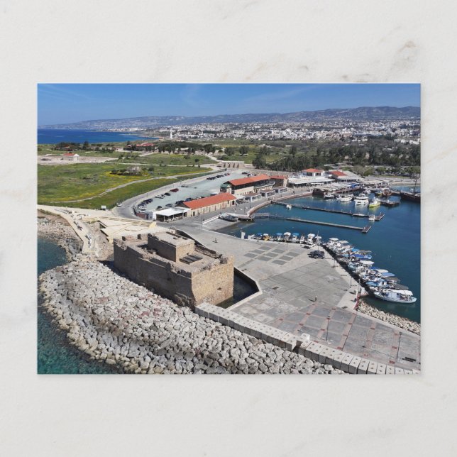 Cartão Postal Castelo e Porto de Pafos com farol (Frente)