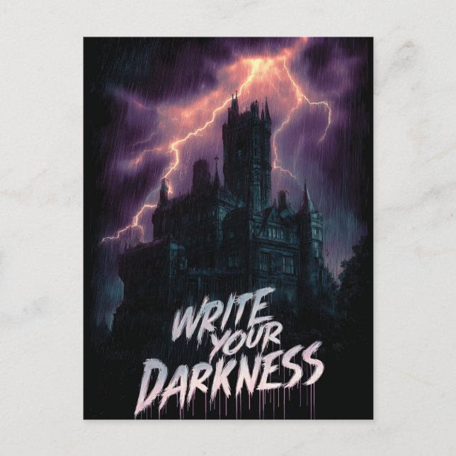 Cartão Postal Castelo Gótico Assombrado sob tempestade com texto (Frente)