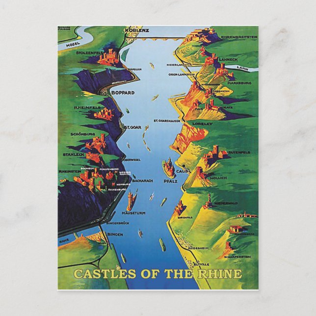 Cartão Postal Castelos no rio Reno, Alemanha, colheita (Frente)