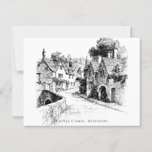 Cartão Postal Castle Combe Village Sketch, Wiltshire Inglaterra