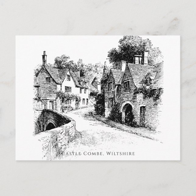 Cartão Postal Castle Combe Village Sketch, Wiltshire Inglaterra (Frente)