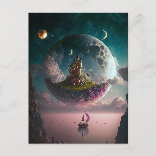 Cartão Postal Castle In The Moon Fantasy Art Postcard (Frente)