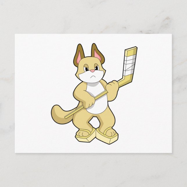 Cartão Postal Cat at Ice hockey with Ice hockey stick (Frente)