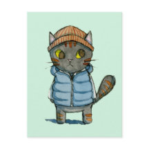 Cat com Beanie e Down Vest Watercolor